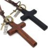 New Hot-selling Retro Style Personalized Leather Rope Necklace Natural Wood Cross hang Tag Sweater Chain