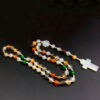 KOMI Fashion 8mm Multi-colored Agate Rope Braided Beaded Rosary Necklace Jesus Cross Pendant Necklaces for Religious Women Men