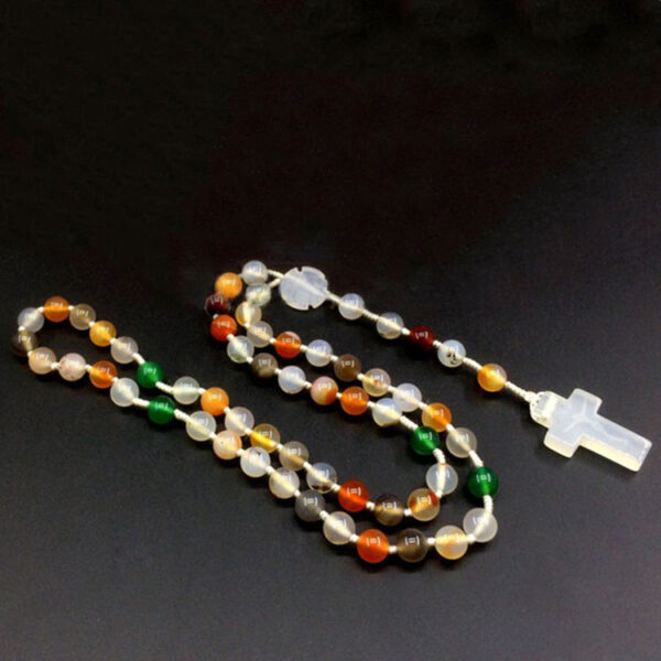 KOMI Fashion 8mm Multi-colored Agate Rope Braided Beaded Rosary Necklace Jesus Cross Pendant Necklaces for Religious Women Men