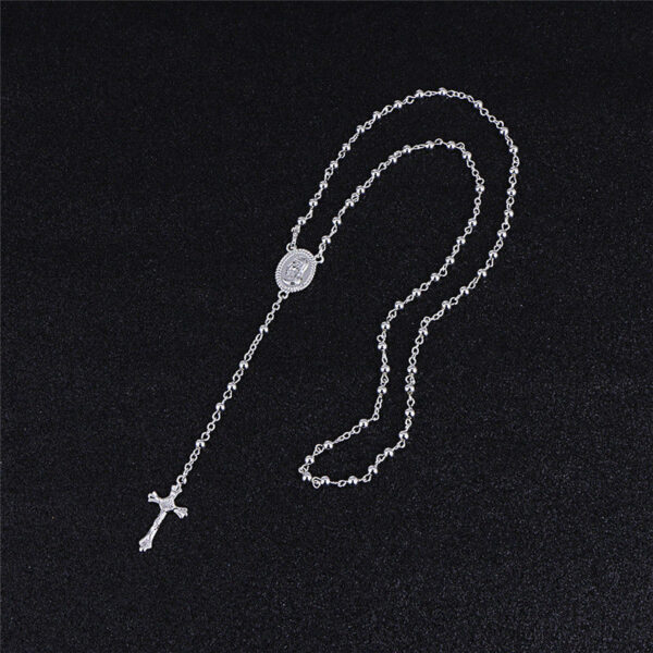 Komi Sparkly Cross Pendant Necklace Glitter Silver Color CCB Beaded Chain Rosary Madonna Coin Necklaces Religious Jewelry R-059