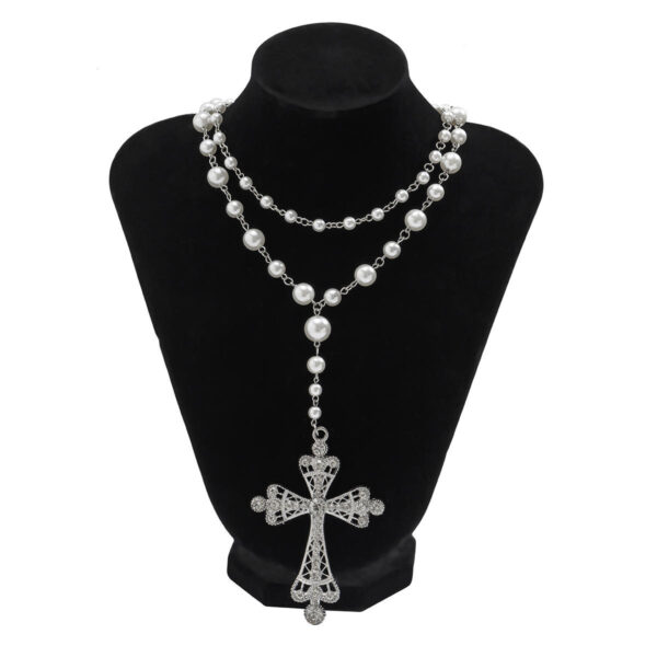 KOMI Womens Crystal Cross Necklace Double Layered Pearl Chain Silver Large Rhinestone Cross Pendant Necklace for Women Girls