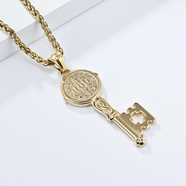 63900861c6952ab013d9e0aeb3a6c41e_H3efd44b2c0f14027859a80f92a96a80b9_avif=close&webp=close KOMI Saint Benedict Exorcist Stainless Steel Key Pendant Necklace Silver St.Benedict Religious Pendant Chain Necklace for Men