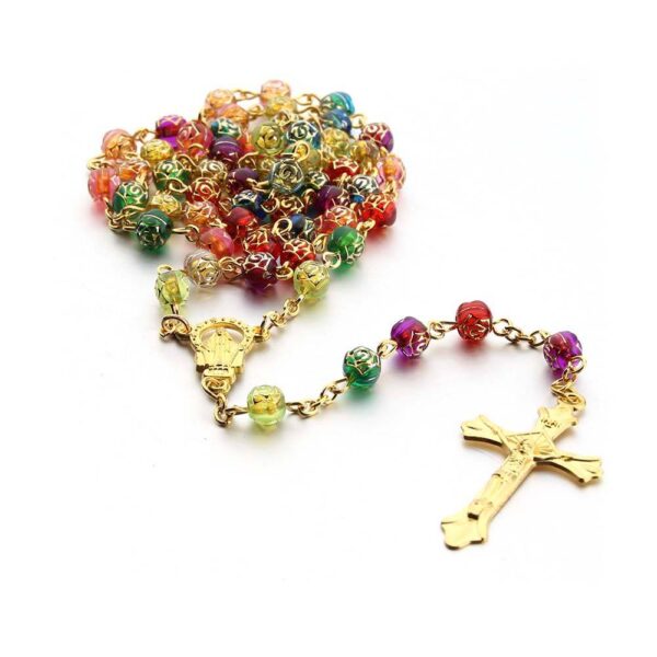 Wholesales Rose Beads Colorful Printed Gold and Silver Rosary Crucifix Virgin Mary Pendant Rosary Religious Jewelry Necklace