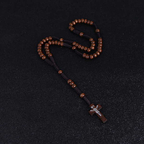 New Hand-woven Rope Wooden Beads Jesus Cross Pendant Necklace Multicolor Rosary Necklace