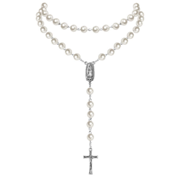KOMI Catholic Pink Purple White Blue Pearl Necklaces Pearl Beads Rosary Necklace with Virgin Mary Medal & Cross Fashion Jewelry