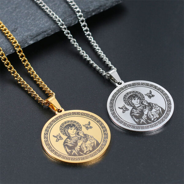 KOMI Stainless Steel Miraculous Medal Pendant Necklaces Virgin Mary Round Coin Pendant Titanium Long Chain Necklace in 24 Inch