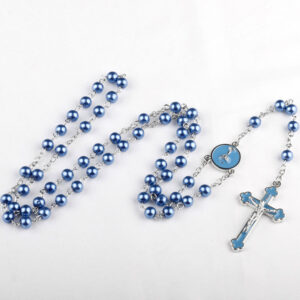 KOMI Imitation Pearls Rosary Beads Necklace for Women Lake Blue Royal Pink Pearl Beaded Necklace Enamel Cross Pendant Necklaces