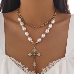 KOMI Womens Punk Cross Necklace Pearl Necklace Layered Pearl Chain Silver Gold Large Rhinestone Cross Pendant Necklace for Women