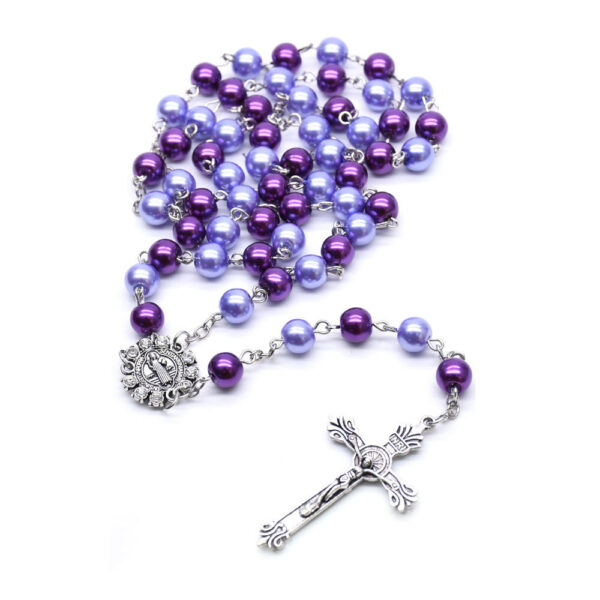 2024 Komi Catholic Two Colors Purple Pearl Beads Rosary Jewelry Para Rosarios Cross Pendant Necklace