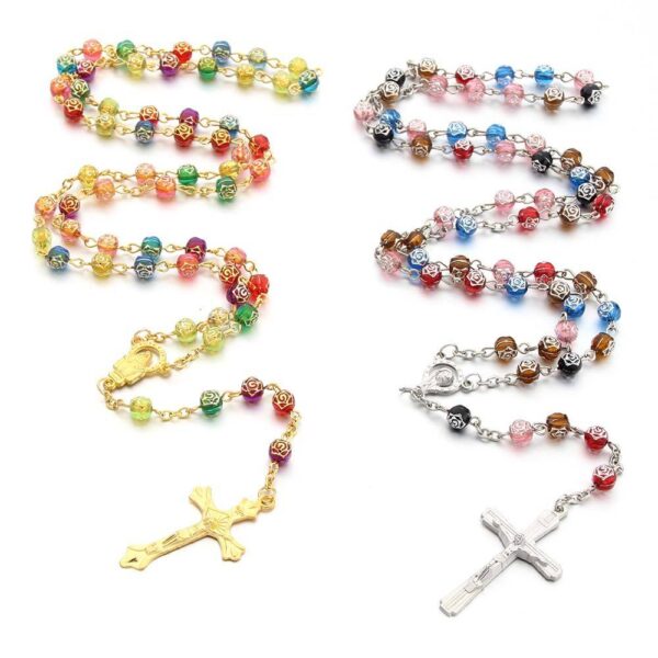 Wholesales Rose Beads Colorful Printed Gold and Silver Rosary Crucifix Virgin Mary Pendant Rosary Religious Jewelry Necklace