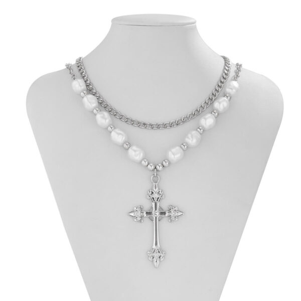 6734713908c42ddfadbe6e7f6fd37251_H5aab1d5322464ad8a00a7c9a4f294a30M_avif=close&webp=close KOMI Womens Punk Cross Necklace Pearl Necklace Layered Pearl Chain Silver Gold Large Rhinestone Cross Pendant Necklace for Women