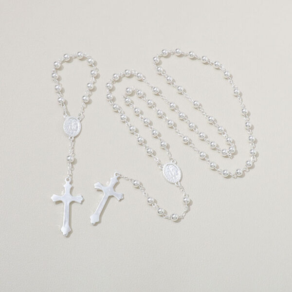 Silver Jesus Cross Pendant Copper Plated 925 Sterling Bright Silver 6mm Bead Rosary Virgin Mary Medal Necklace Religious Jewelry