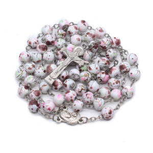2024 Wholesales Pink Glass Rosary Beads Saint Benedict Connector and Crucifix Catholic Necklace