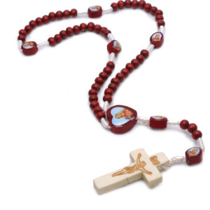 KOMI Handmade Burgundy Wood Beads Rosary Necklace Jesus Cross Beaded Necklaces Hand Rosary Beads for Religious Prayer Jewelry
