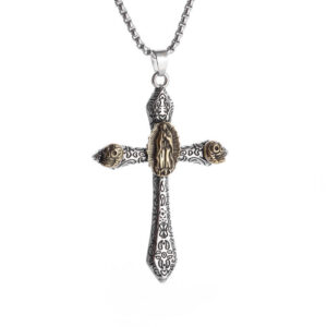 KOMI Vintage Engraved Cross Necklace for Women Anti Gold Virgin Mary Cross Pendant Necklaces 24 Inches Box Chain Necklace Gifts