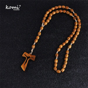New Wooden Beads Hollow Cross Pendant Necklace for Women Men Catholic Christ Religious Jesus Rosary Jewelry Gift
