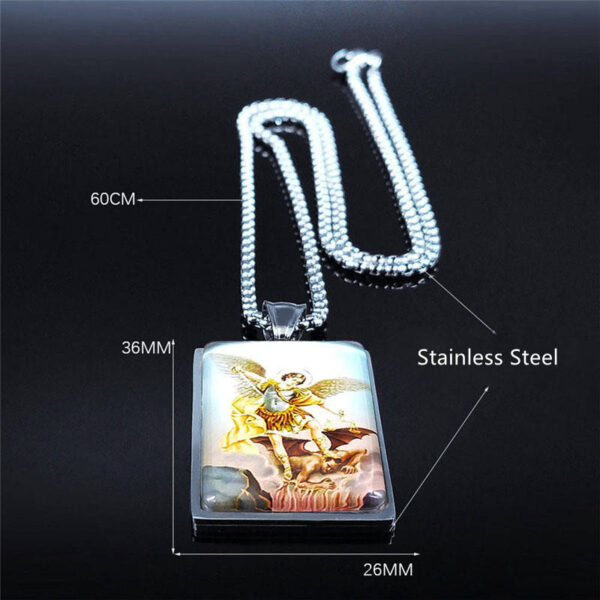 6c533b92b937b3dfc43d80fc118a30b9_H0685fc3587434435b6e9bc5b6e956d72j_avif=close&webp=close KOMI Wholesale Geometric Rectangle Stainless Steel Glass Figure Michael Archangel Pendant Necklaces for Men Boys Religious Gifts