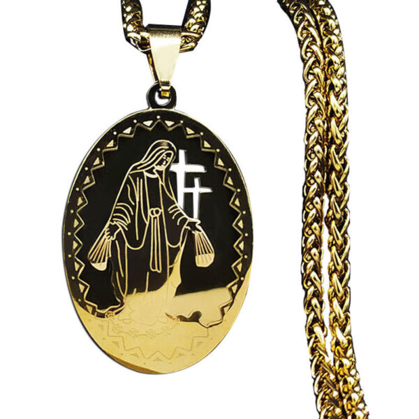 KOMI HipHop Goddess Madonna Medal Twist Chain Necklace 18K Gold Stainless Steel Oval Virgin Mary Pendant Necklaces for Men Gift