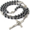 Wholesale Religion Catholic Black Gallstones Hematite Beads Saint Benedict Alloy Jesus Cross Pendant Rose Bead Necklace