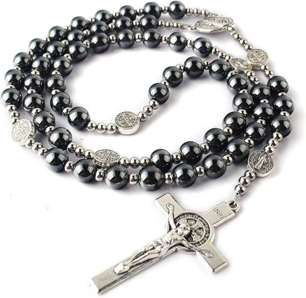Wholesale Religion Catholic Black Gallstones Hematite Beads Saint Benedict Alloy Jesus Cross Pendant Rose Bead Necklace