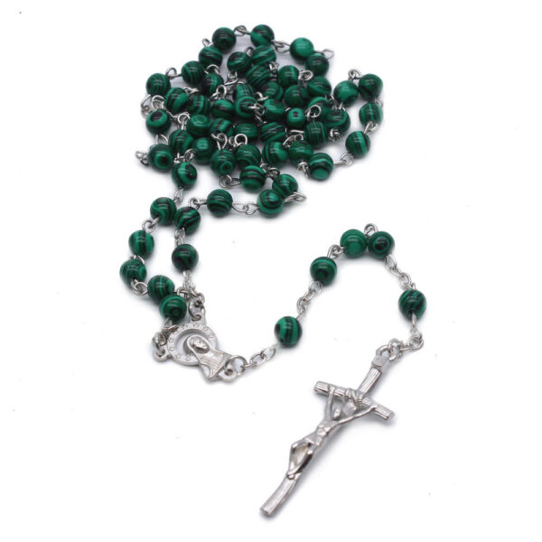 2024 Komi Religious Green Malachite Natural Stone Catholic Cross Pendant Statue Christ Jewelry Rosary Necklace