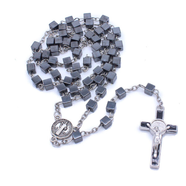 Komi Square Black Gallstone Cross Pendant Necklace Catholic Religious Jewelry Rosary Necklace
