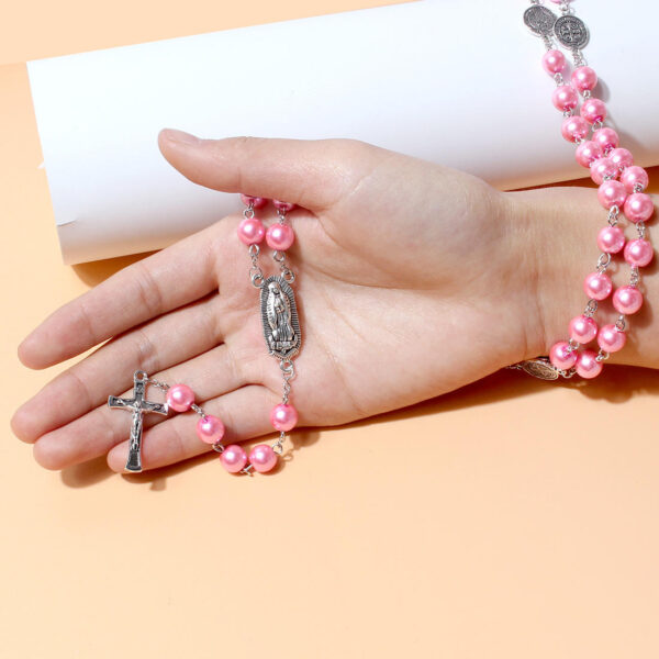 KOMI Catholic Pink Purple White Blue Pearl Necklaces Pearl Beads Rosary Necklace with Virgin Mary Medal & Cross Fashion Jewelry