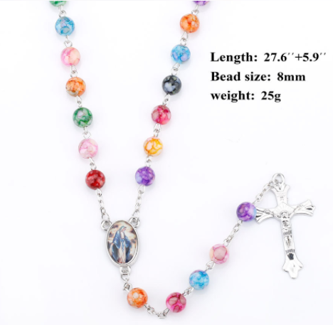 2024 Hot Sell Rosary Glass Color Beads Jesus Cross Christ Maria Stock Necklace for Pray