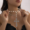 KOMI Womens Crystal Cross Necklace Double Layered Pearl Chain Silver Large Rhinestone Cross Pendant Necklace for Women Girls