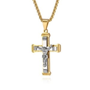 KOMI Mens Crucifix Cross Necklace Silver Black Gold Stainless Steel Jesus Cross Pendant Necklace for Men Wheat Chain 24 Inch