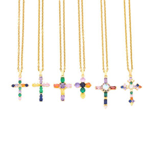 2024 KOMI Fashion Colorful CZ Cross Pendant Necklace Stainless Steel Chain Choker Necklace 18K Gold Cubic Zirconia Necklaces Pendant