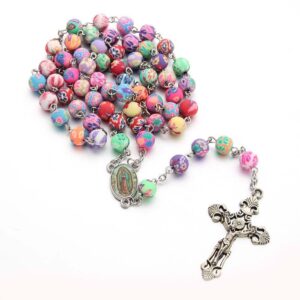 Komi Wholesales Colorful Polymer Clay Round Bead Our Lady of Guadalupe Center Alloy Jesus Cross Catholic Prayer Rosary Necklace