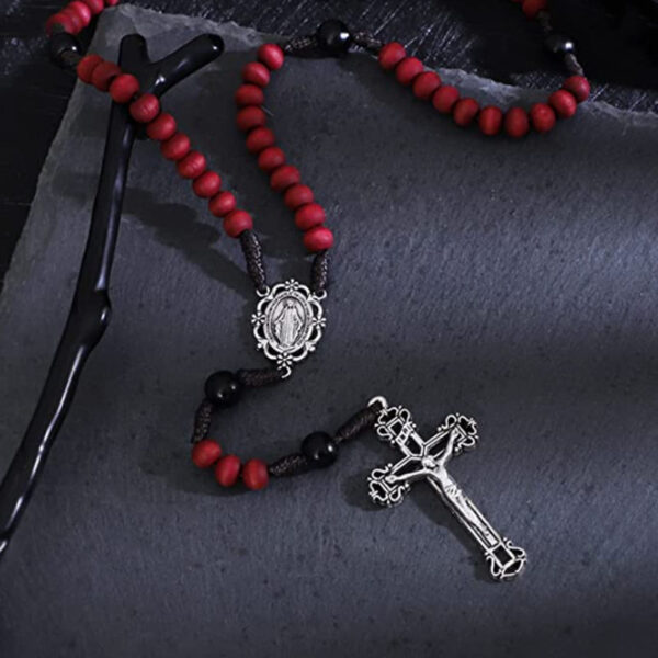 7994fb413e8c5dc76b236c874bda6c6d_Hbd78786e88b24885a2903bd17fa98de51_avif=close&webp=close KOMI Handmade Red Wooden Beads Rosary Necklace for Men Women Crucifix Cross Pendant Necklaces Religious Faith Gifts
