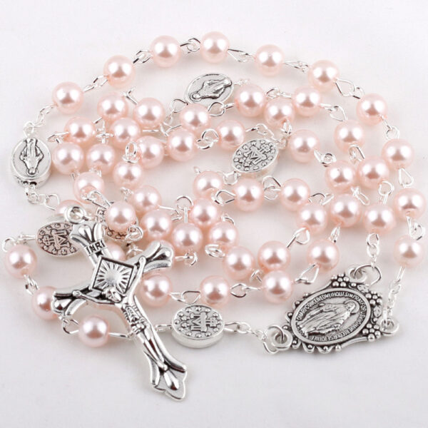 KOMI Pink Purple Blue 6mm Glass Imitation Pearl Rosary Beads with Crucifix Cross Pendant Necklaces for Women Religious Gifts