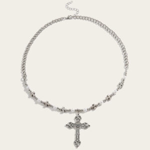 KOMI Vintage Cross Pendant Necklaces Choker Collarbone Chain Metal Ball Cross Pearl Beaded Necklace for Women Girls Party Gifts