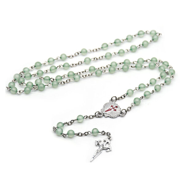 Dreamwork Religious Green Resin Beads Rosary Necklace Shell Medal and Jesus Cross Crucifix Pendant Necklace Communion Rosary