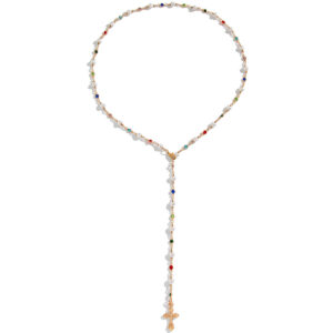 KOMI Women Crucifix Cross Necklace Colored Round Crystal and Heart Pearl Beaded Chain Gold Jesus Cross Pendant Necklace for Girl
