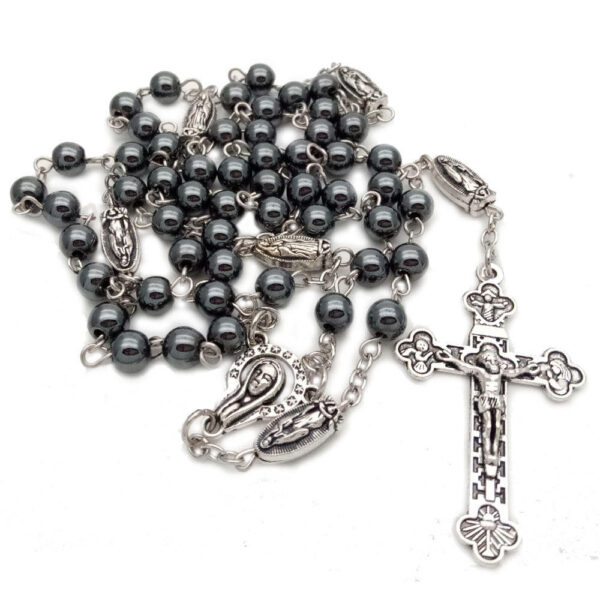 Komi Wholesale Non-magnetic Black Gallstone Hematite Beads Vintage Mary Cross Pendant Jewelry Gift Rosary Necklace