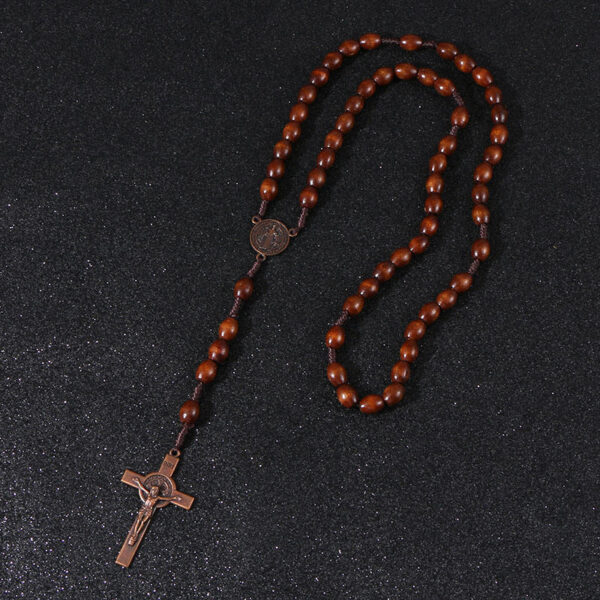 KOMi Christ Wooden Beads 9*10mm Rosary Bead Cross Pendant Woven Rope Chain Necklace Religious Jewelry Accessories R-192