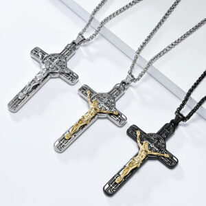 KOMI Cross Necklace for Men Silver Black Gold Stainless Steel Jesus Crucifix Cross Pendant Necklace for Men 24 Inch Wheat Chain