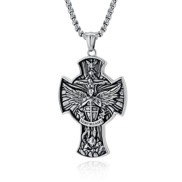 KOMI Mens Cross Necklace Vintage Stainless Steel Saint Michael Archangel Sword Cross Pendant Necklace for Men Box Chain