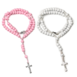 Komi Children's pink Cross Necklace Natural Wood Beaded Church Prayer Baptism Rosary Beads