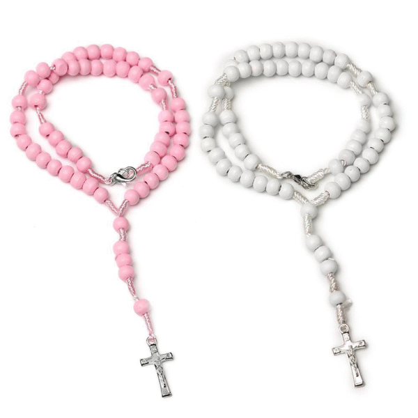 Komi Children's pink Cross Necklace Natural Wood Beaded Church Prayer Baptism Rosary Beads