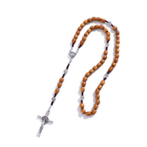 KOMi Handmade Wooden Rosary Cross Pendant Necklace Weave Round Antique Vintage Catholic Religious Jesus Jewelry Wholesale