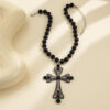 KOMI Silver Plated Rhinestone Crystal Cross Pendant Necklace for Women 17.7 Inches Black Beaded Chain Choker Necklaces for Girls