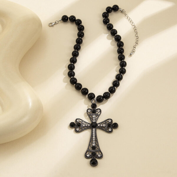 KOMI Silver Plated Rhinestone Crystal Cross Pendant Necklace for Women 17.7 Inches Black Beaded Chain Choker Necklaces for Girls