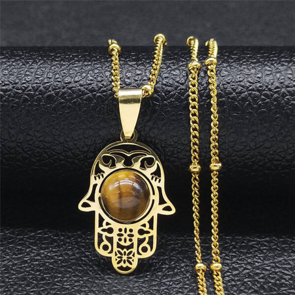 KOMI Fatima Hand Pendant Women Men Stainless Steel Necklace Gold Plated Natural Stone Necklace