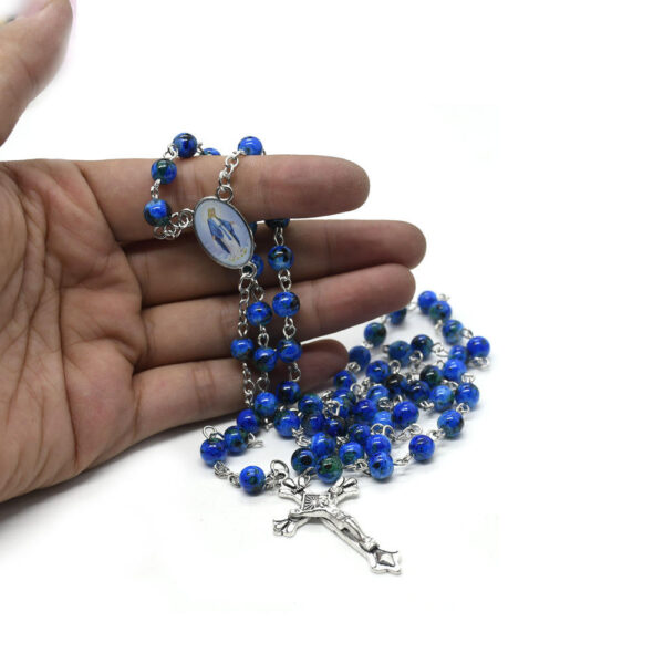 6mm Multi Color Glass Beads Rosary Necklace with Our Lady of Miracles Communion Medal Center and Jesus Cross Pendant Necklace