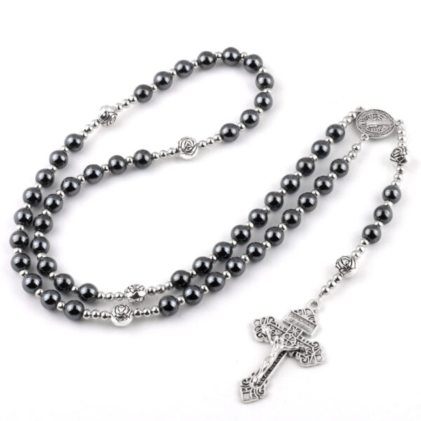 KOMI Women 8mm Purple Pink Pearl Glass Rosary Beads Imitation Pearl Beads Silver Rose Beaded Rosary Cross Pendant Necklaces Gift