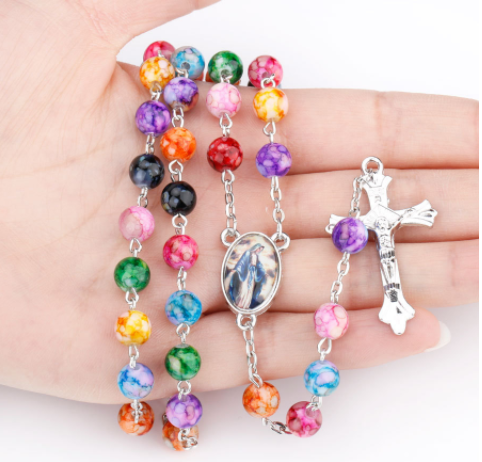 2024 Hot Sell Rosary Glass Color Beads Jesus Cross Christ Maria Stock Necklace for Pray
